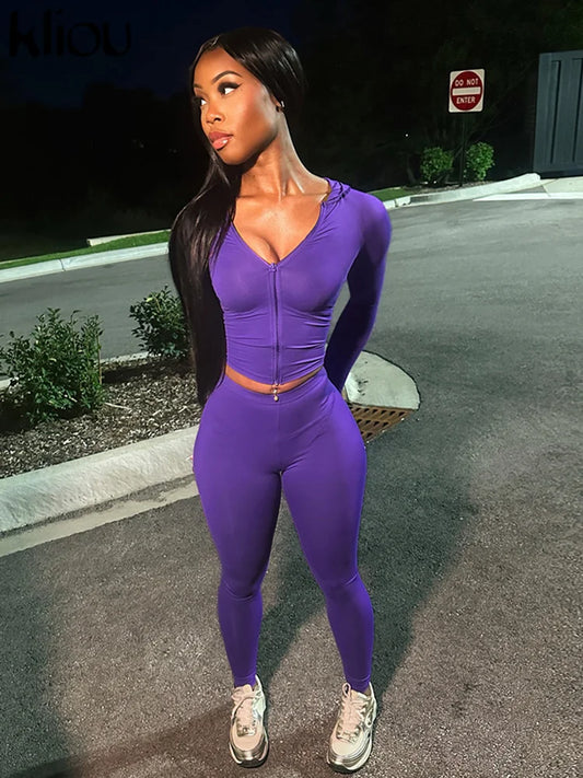 Casual Women 2 Piece Set Classic Tracksuits Solid Long Sleeve Zip-up Hood Tops+Slim Elastic Pants Sporty Concise Outfits