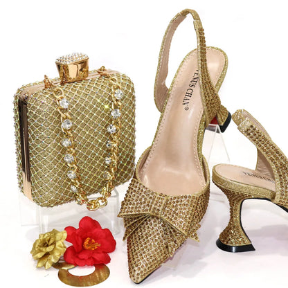 Bridal High Heels for Women 2023 Pointed Toe With Bows Gold Color Rhinestone  Elegant Party Wedding Shoe and Bag Set