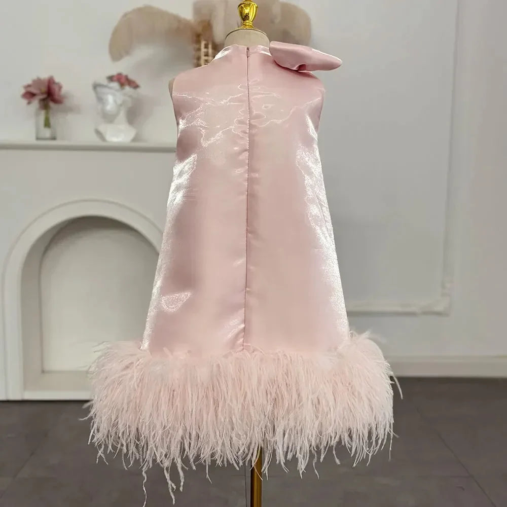 Customized Pink Flower Girl Dresses For Wedding Satin Feather With Bow Princess Birthday Party First Communion Pageant Ball Gown