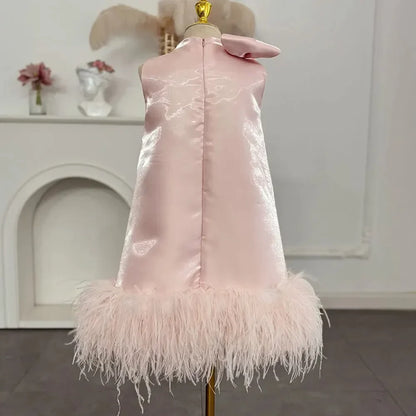 Customized Pink Flower Girl Dresses For Wedding Satin Feather With Bow Princess Birthday Party First Communion Pageant Ball Gown