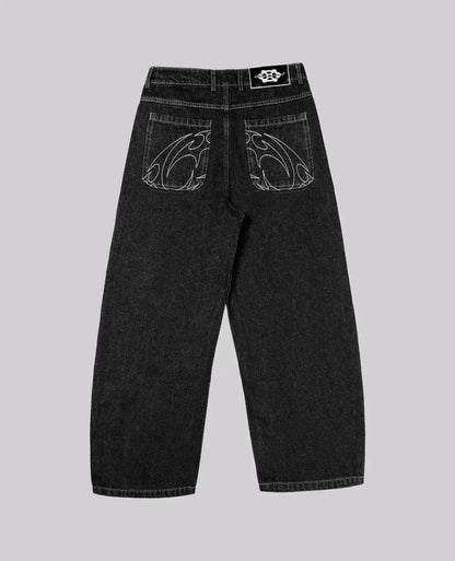 90s Retro Street Embroidery Jeans Male  R&B Solid Color Loose Straight Pants Female Y2K Harajuku Hip Hop  Punk Style  Men Jeans
