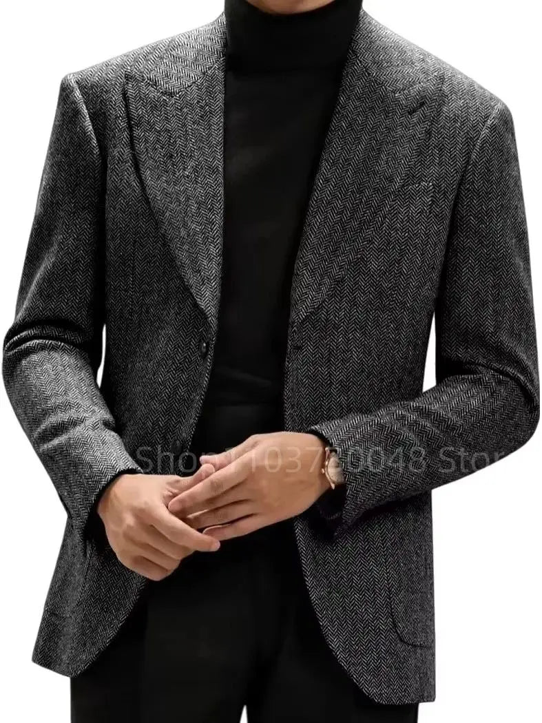 Men's Brown Herringbone Tweed Blazer Single Breasted Two Buttons Prom Tuxedo Business Wedding Jacket Wool Suit Coat