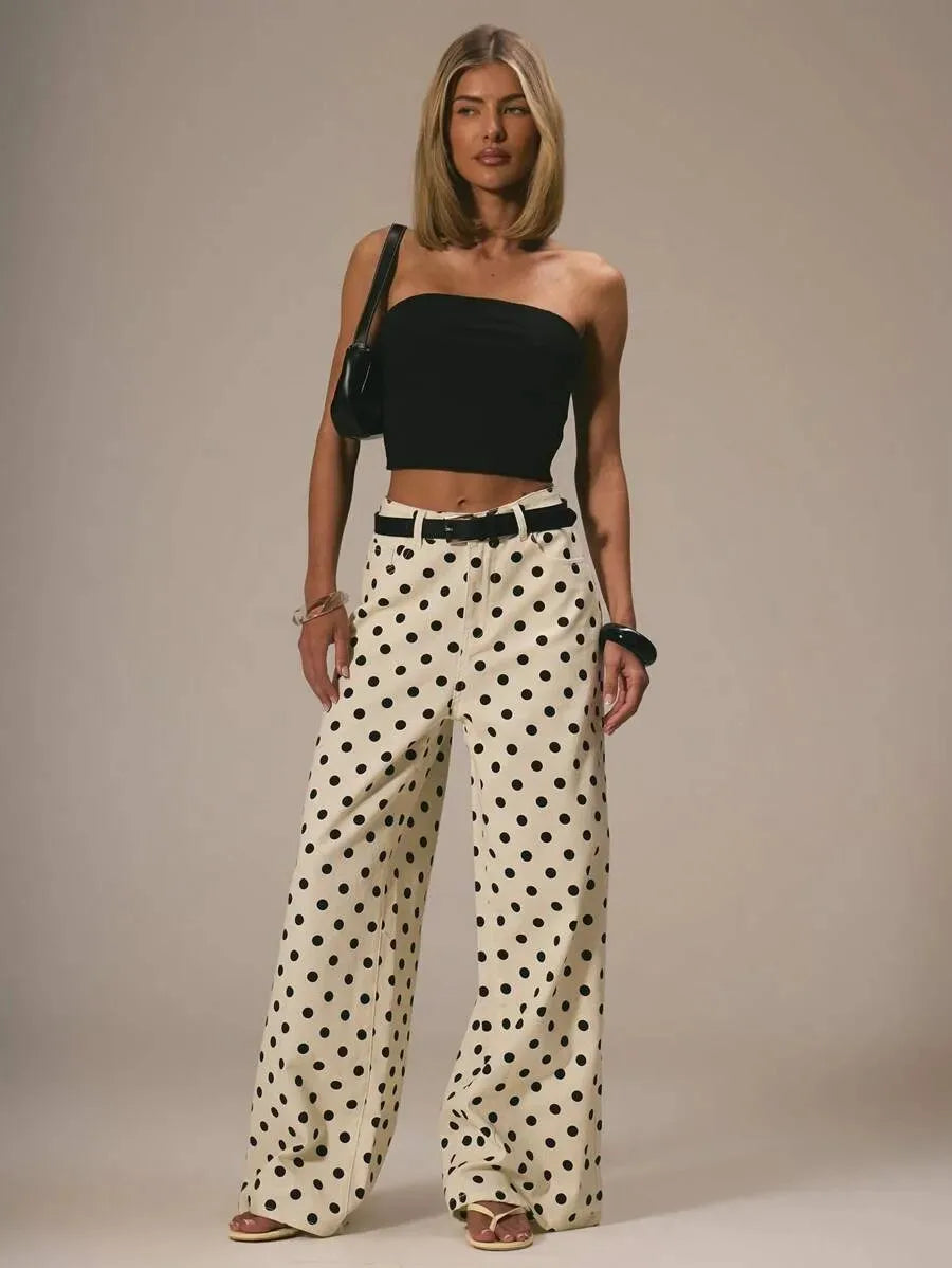 Spring Autumn High Wasit Jeans Pants Women 2026 Fashion Vintage Polka Dot Print Wide Legging Denim Trousers Bottoms Casual