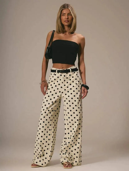 Spring Autumn High Wasit Jeans Pants Women 2026 Fashion Vintage Polka Dot Print Wide Legging Denim Trousers Bottoms Casual