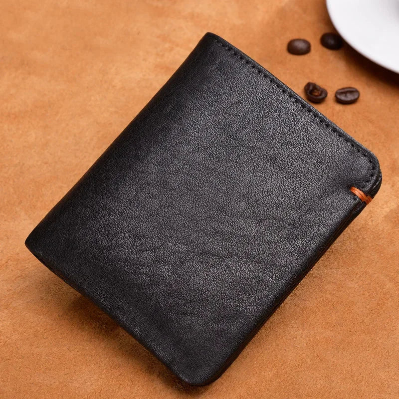 Portefeuille en cuir de vachette couche supérieure Portefeuille en cuir véritable souple Porte-cartes de crédit pour hommes Sac à main de luxe Noir Élégant Simple Portefeuilles pour hommes