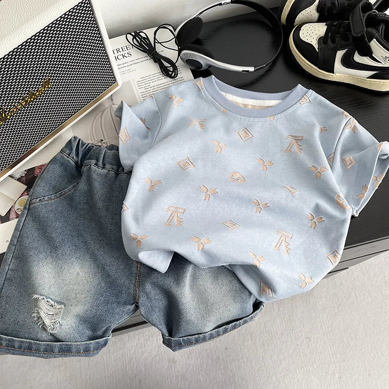 0-5Years New Baby Boys Girls Summer Clothes Multi Symbol Hot Dye T-shirt Denim Shorts 2pcs/sets Children Clothing Tracksuits Set