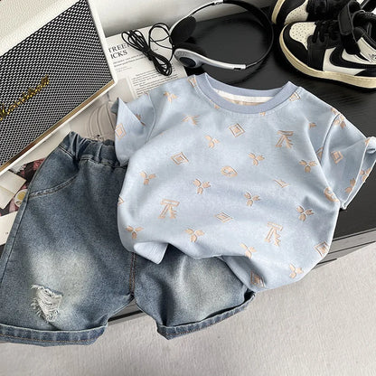 0-5Years New Baby Boys Girls Summer Clothes Multi Symbol Hot Dye T-shirt Denim Shorts 2pcs/sets Children Clothing Tracksuits Set