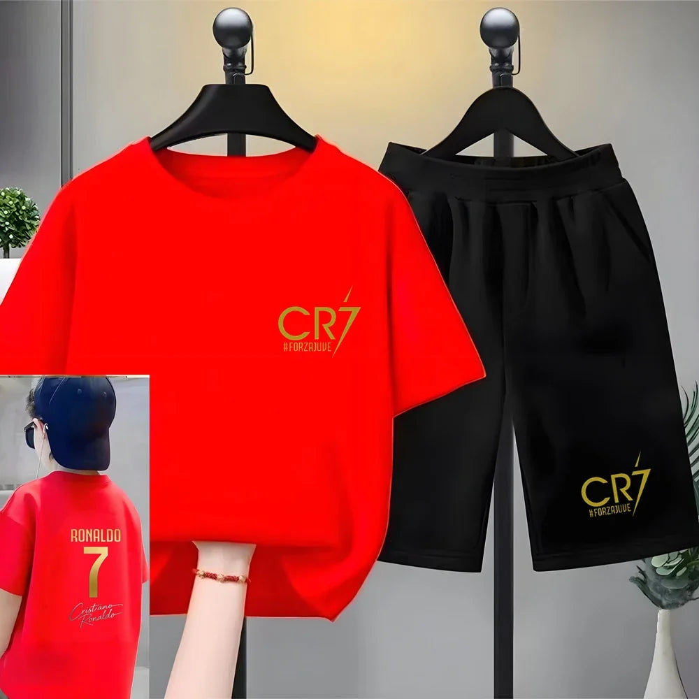 Children Short-sleeved T-shirt+Shorts Football Player Player No. 7 Print Boys Girls Toddler 3-12Yrs Sports Set Summer Clothing