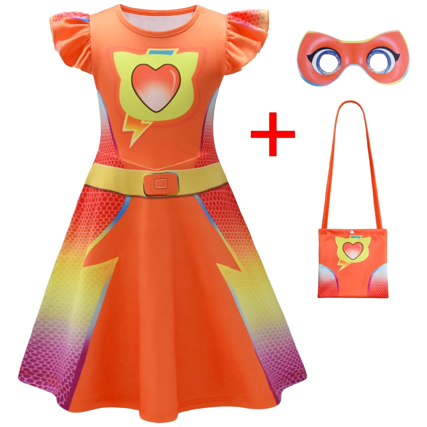 Children's SuperKitties Dresses Super Kitties Cosplay Costume Girls Flying Sleeves A-Line Dress Bag Mask Carnival Birthday Gift