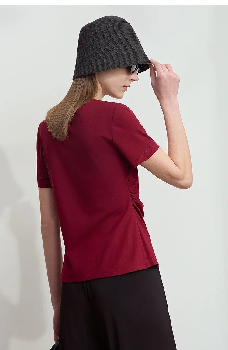 Minimalist T-shirt Women's Tops O-Neck Broken Pleats Slightly Cinched Waist Cotton Knit Tees Antibacterial T-shirt 12522045