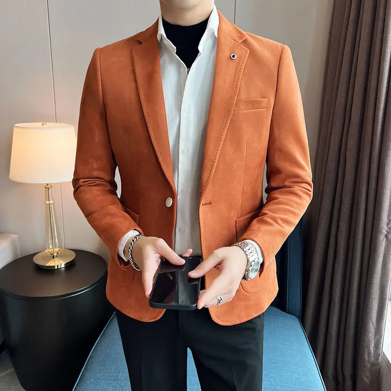 High-quality, fashionable men's stylish, versatile and trendy Korean-style slimming suede business casual suit