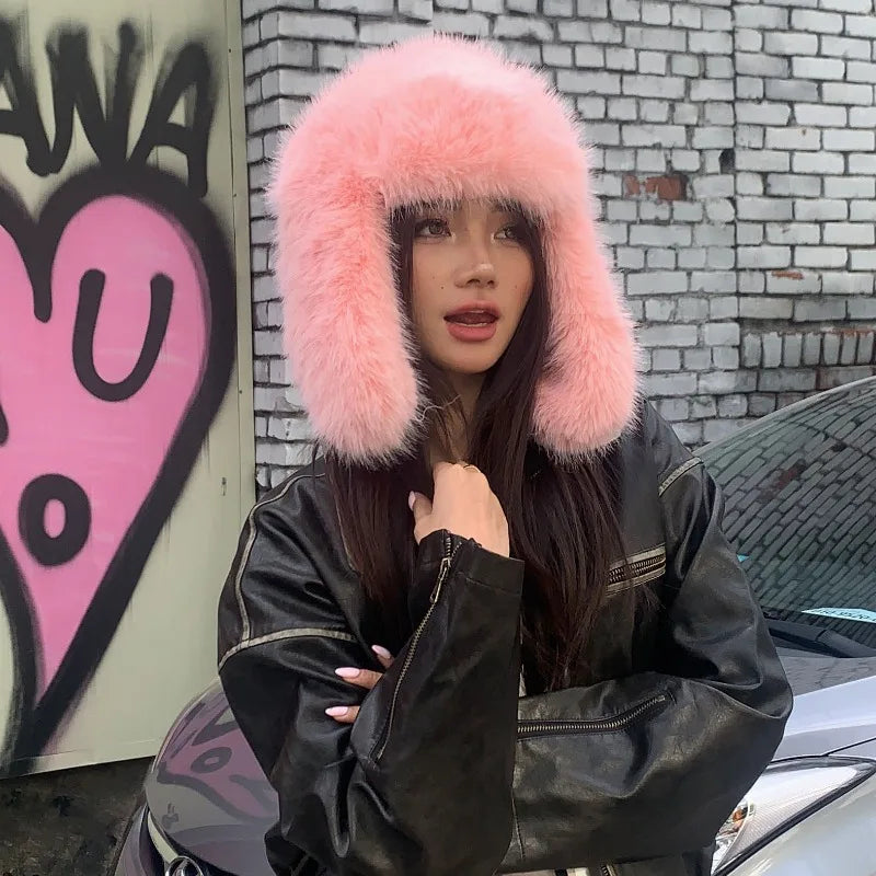 Korean Ins Imitation Mink Plush Hat Winter Women Ear Protection Bomber Hats Fashion Warm Fluffy Faux Fur Ski Beanies Y2k Gift