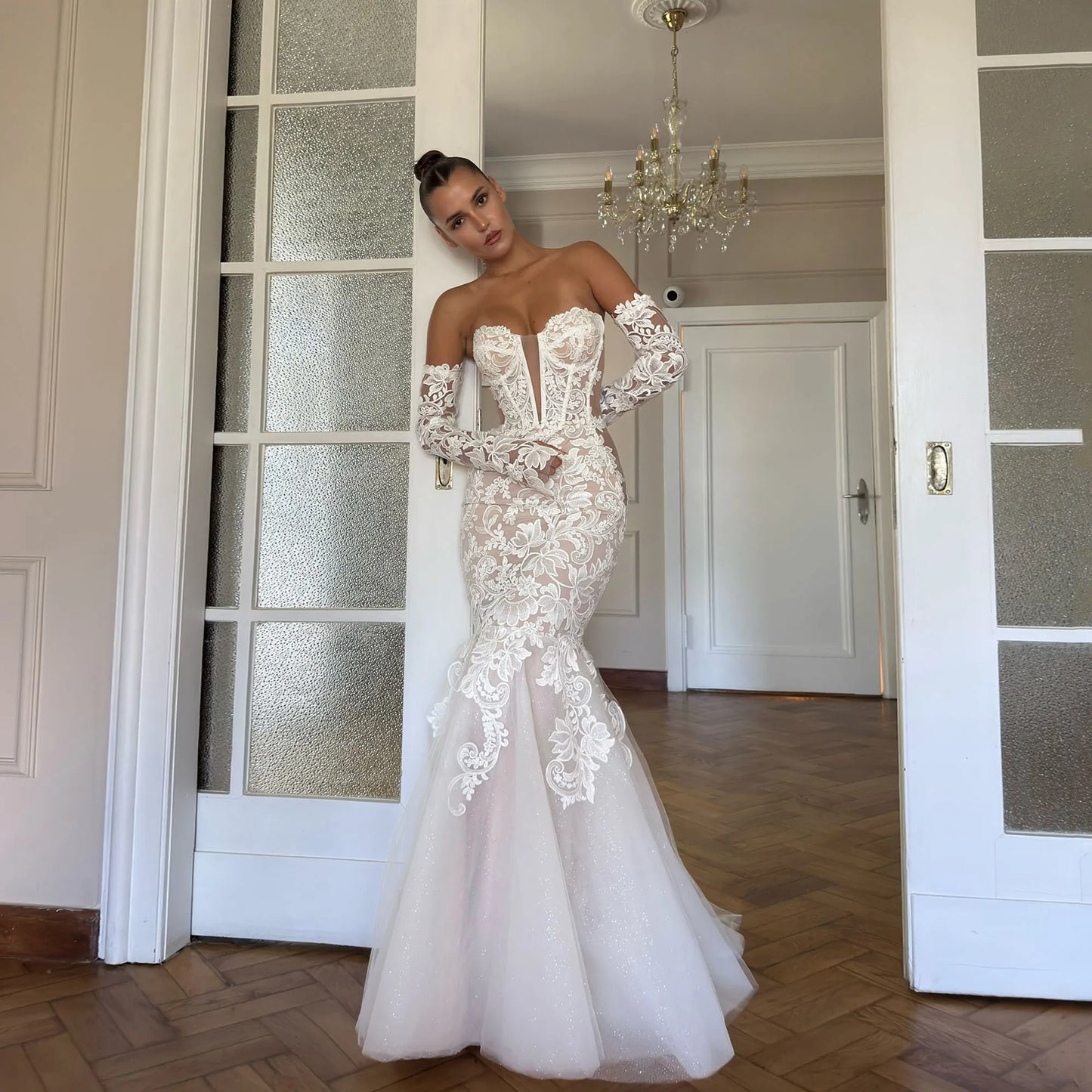 Shiny Lace Wedding Dress Bride Long Sleeve Mermaid Sweetheart Appliques Bride Dresses Customized Vestidos De Novia Customized