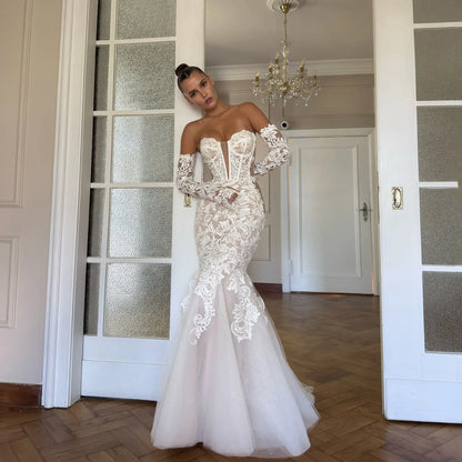 Shiny Lace Wedding Dress Bride Long Sleeve Mermaid Sweetheart Appliques Bride Dresses Customized Vestidos De Novia Customized