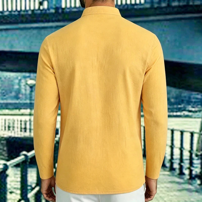 Men Mandarin Collar Long Sleeve Henley Cotton Linen Shirt Chest Pocket Breathable Beach Travel Daily Casual V Neck Top