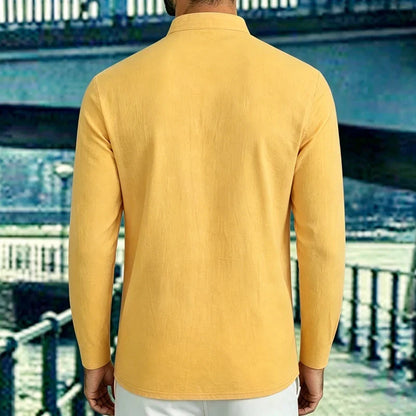 Men Mandarin Collar Long Sleeve Henley Cotton Linen Shirt Chest Pocket Breathable Beach Travel Daily Casual V Neck Top