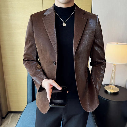 New High Quality Crocodile Stripe Slim Fit Leather Jacket Classic Business Casual Slim Fit Men Blazer Tuxedos Men Clothing 4XL-M