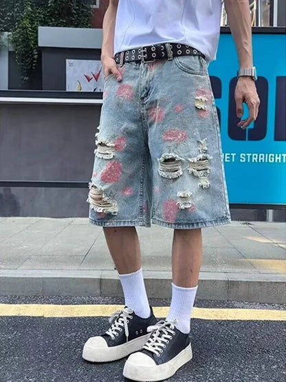 American Streetwear Washed Ripped Straight Jorts Men's Summer Floral Graphic Print Baggy Denim Shorts Hip Hop Fashion Short Jean