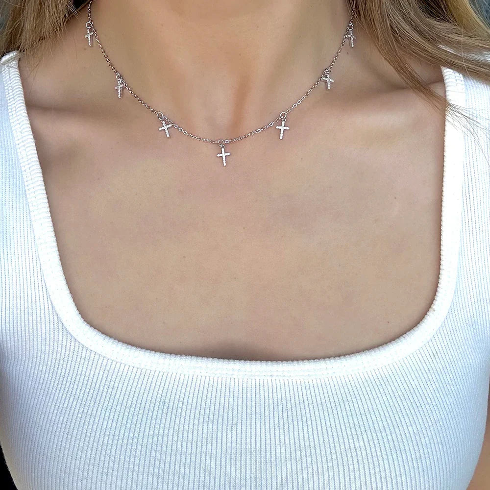 Certified Moissanite Diamond Necklace with Cross Shape Pendant S925 Silver Plated 18k Stacking Neck Chain for Women Fine Jewelry