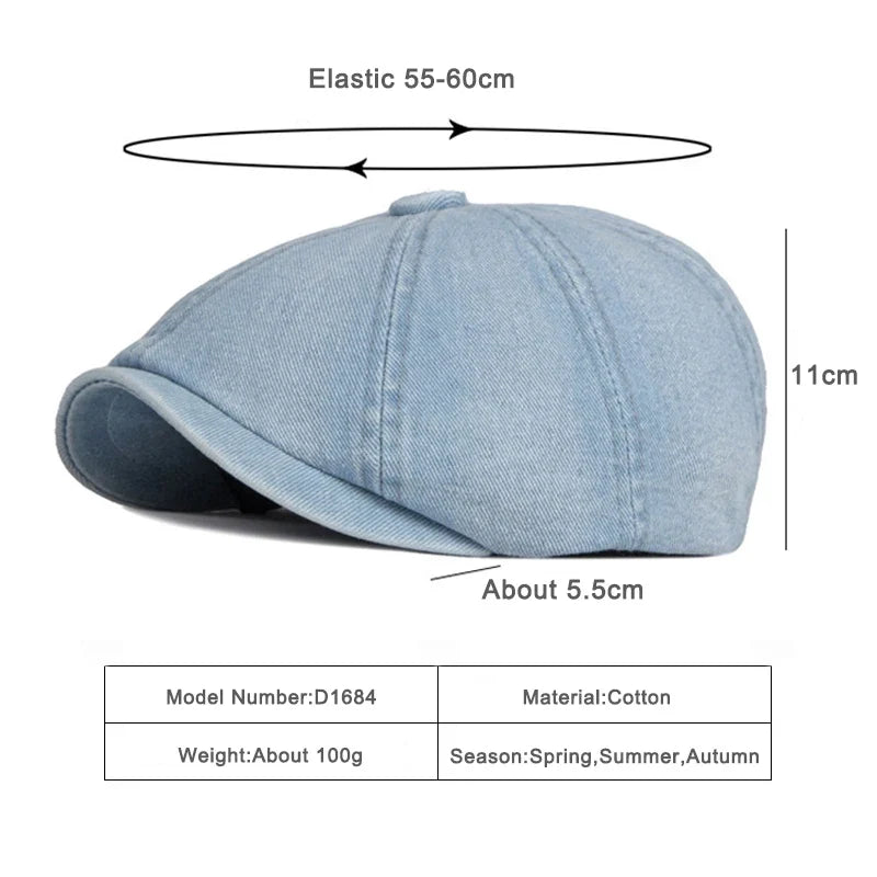 Men's Octagonal Hat Casual Solid Eight-blade Berets Washed Denim Newsboy Cap Women Painters Hat Peaked Herringbone Flat Cap