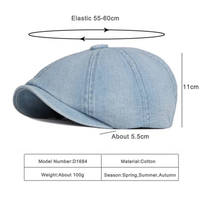 Men's Octagonal Hat Casual Solid Eight-blade Berets Washed Denim Newsboy Cap Women Painters Hat Peaked Herringbone Flat Cap