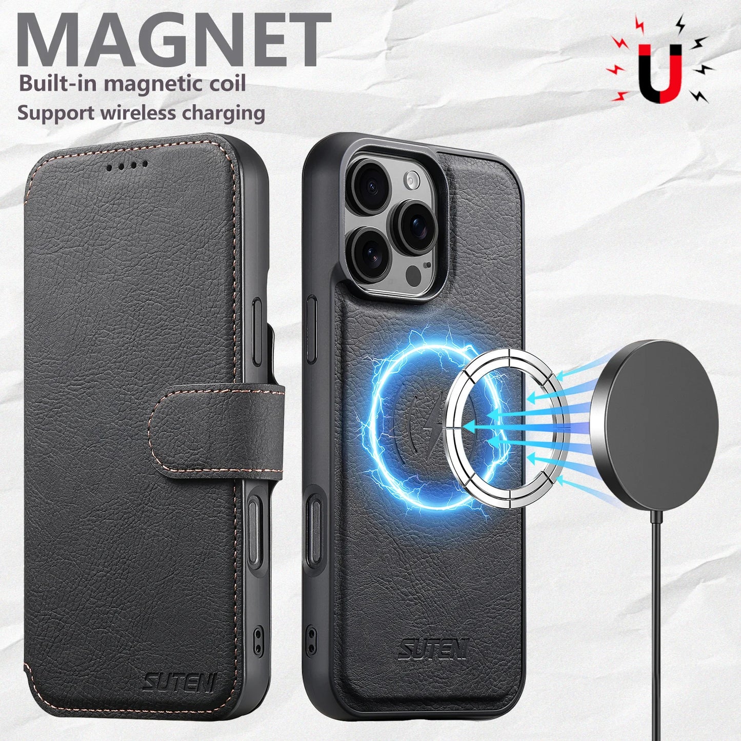 Faux Leather Wireless Charging Card Holder Stand Wallet Magnetic Flip Cover Phone Case For iPhone 17 Pro Max 16 Plus 15 14 13