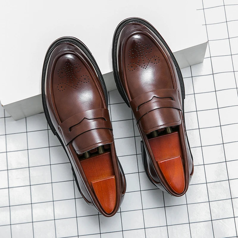 Spring Luxury Thick soled Casual Shoes Men's Black Penny loafers men Brown Business Office Dress Shoes for Mentênis masculino