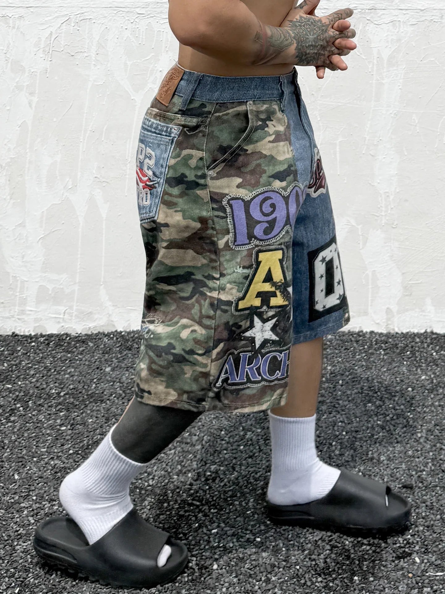 Hip Hop Camouflage Letter Embroidery Loose Fit Five Pocket Mens Streetwear Short Pants Cotton Denim Patchwork Women Shorts