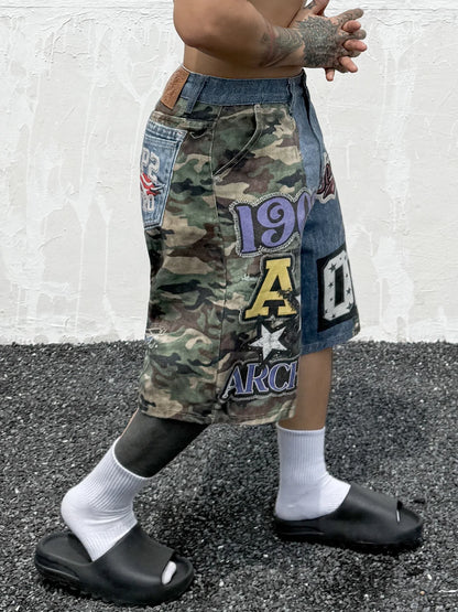 Hip Hop Camouflage Letter Embroidery Loose Fit Five Pocket Mens Streetwear Short Pants Cotton Denim Patchwork Women Shorts