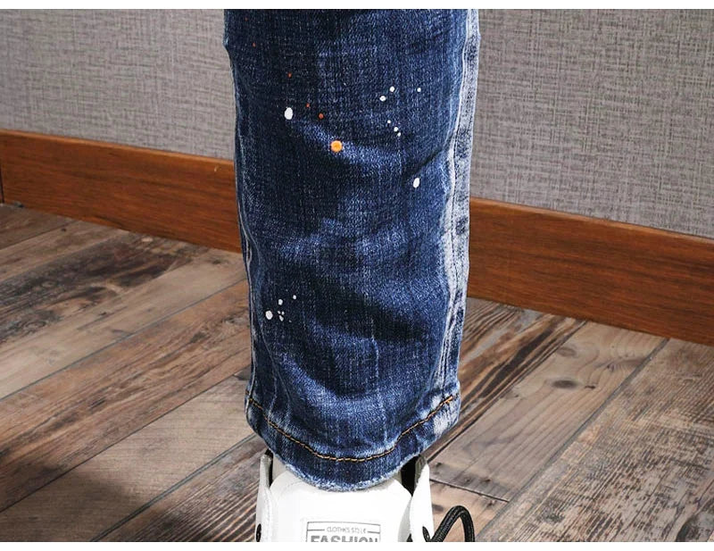 Fashion Streetwear Men Jeans Retro Black Blue Elastic Slim Fit Ripped Jeans Men Spliced Designer Embroidery Hip Hop Denim Pants