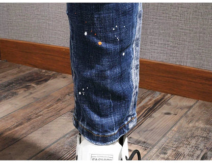 Fashion Streetwear Men Jeans Retro Black Blue Elastic Slim Fit Ripped Jeans Men Spliced Designer Embroidery Hip Hop Denim Pants