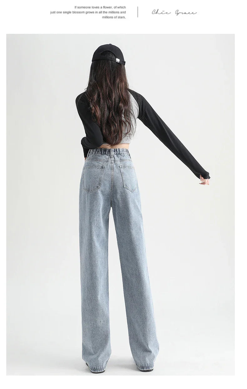 Woman Jeans Elastic High Waist Wide Leg Cotton Denim Clothing Blue White Streetwear Vintage Fashion Harajuku Straight Pants