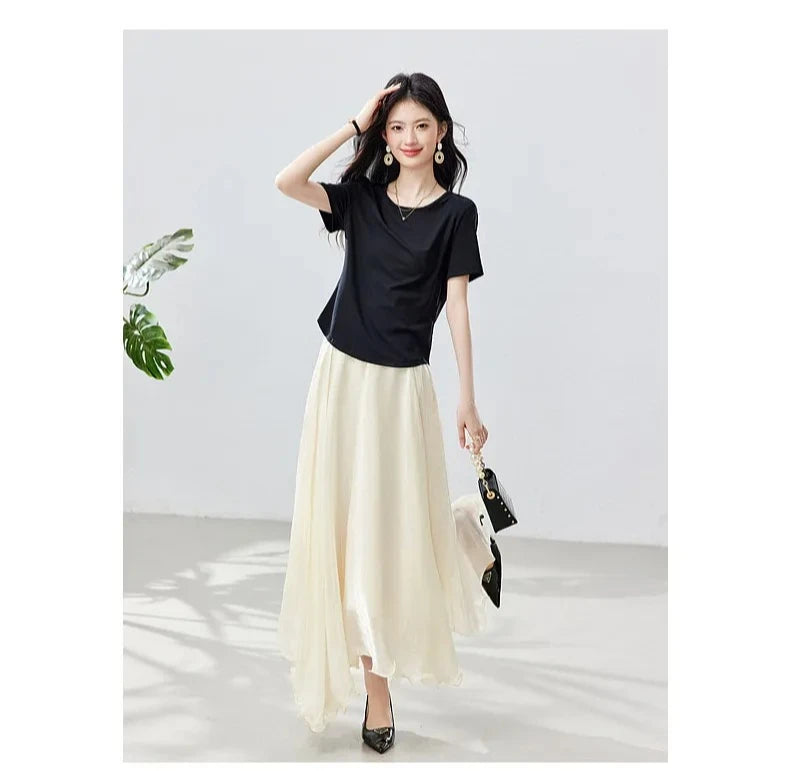 French A-line Shimmer Skirt for Women 2026 Summer New Fashion Irregular Ruffle Hem Elegant Office Maxi Skirt Bottoms 30813