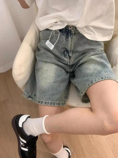 2026 New American Vintage Straight Denim Shorts Woman Summer High-Waisted Solid Jeans Women's Short Pants
