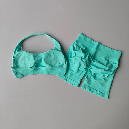 Sexy Halter Neck Beautiful Back High Waist Peach Sports Bras Shorts Suit Pilates Gathering Yoga Vest Training Fitness Bra Sets