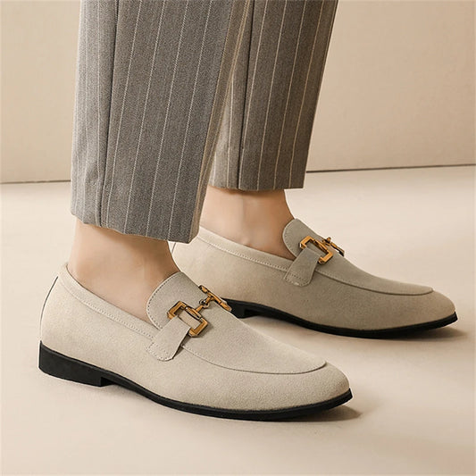 Fashion Brand Men Suede Leather Shoes Black Beige Horsebit Loafers Slip on Formal Mens Dress Shoes Wedding Office Casual Shoes