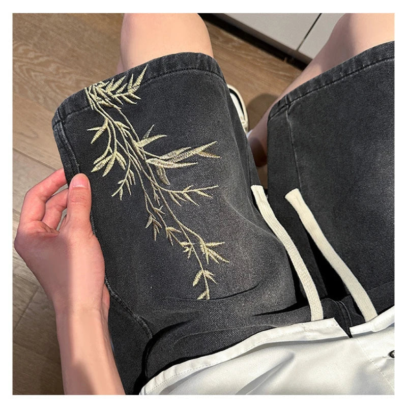 2025 Mens New Chinese Style Denim Shorts Summer Bamboo Embroidery Casual Five Inch Shorts Couple Streetwear Vintage Loose Fit Hi