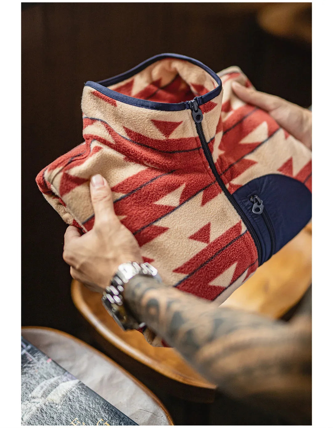 Men's Vintage Navajo Polar Fleece Jacket Stand Collar Zip-Up Patchwork Sweatshirt Warm Cardigan for Spring and Autumn Coat