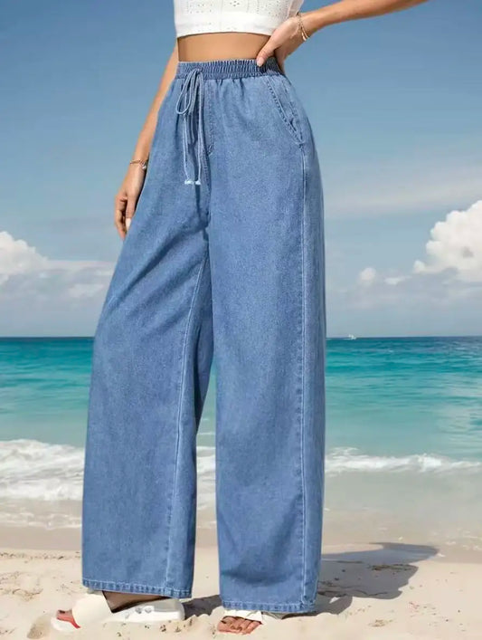 Women's Elastic-Waist Slim-Fit Wide-Leg Jeans