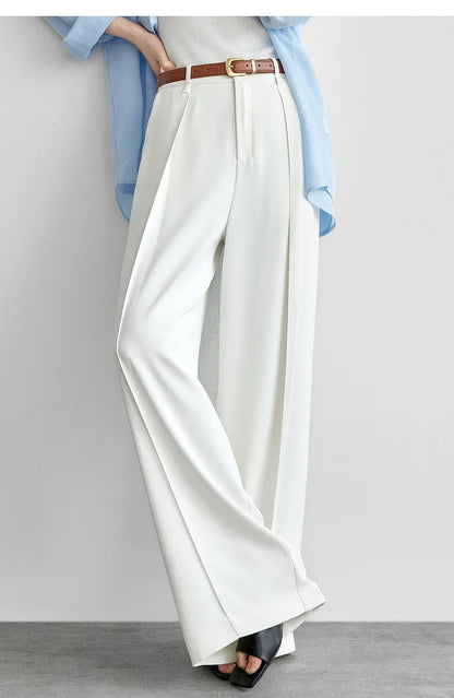 Women's Tailored Trousers Formal Solid High-waist Folds Twill Workwear Pockets Full-length Pants 2026 Spring 151K57704