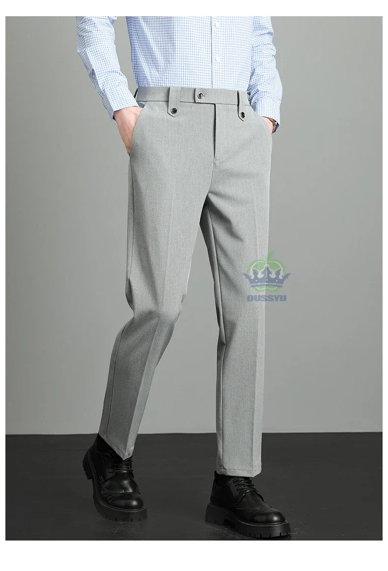 Brand High Quality Business Suit Ankle Length Pants Men Grey Khaki Waist Design Work Office Formal Long Trousers Male