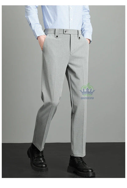 Brand High Quality Business Suit Ankle Length Pants Men Grey Khaki Waist Design Work Office Formal Long Trousers Male