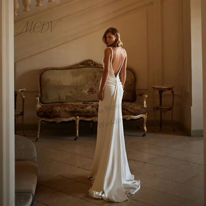 Elegant Beading Wedding Dresse Spaghetti Straps Mermaid Satin Backless Pleat Sexy Bride Dress Vestidos De Novia Customized