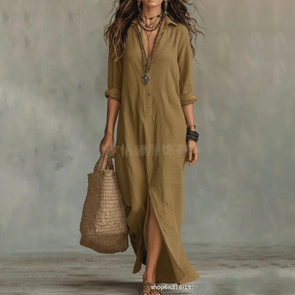 Casual Long Sleeve Loose Maxi Dress Women 2026 Summer Solid Color Turn-down Collar Beach Long Dresses Elegant Vestidos