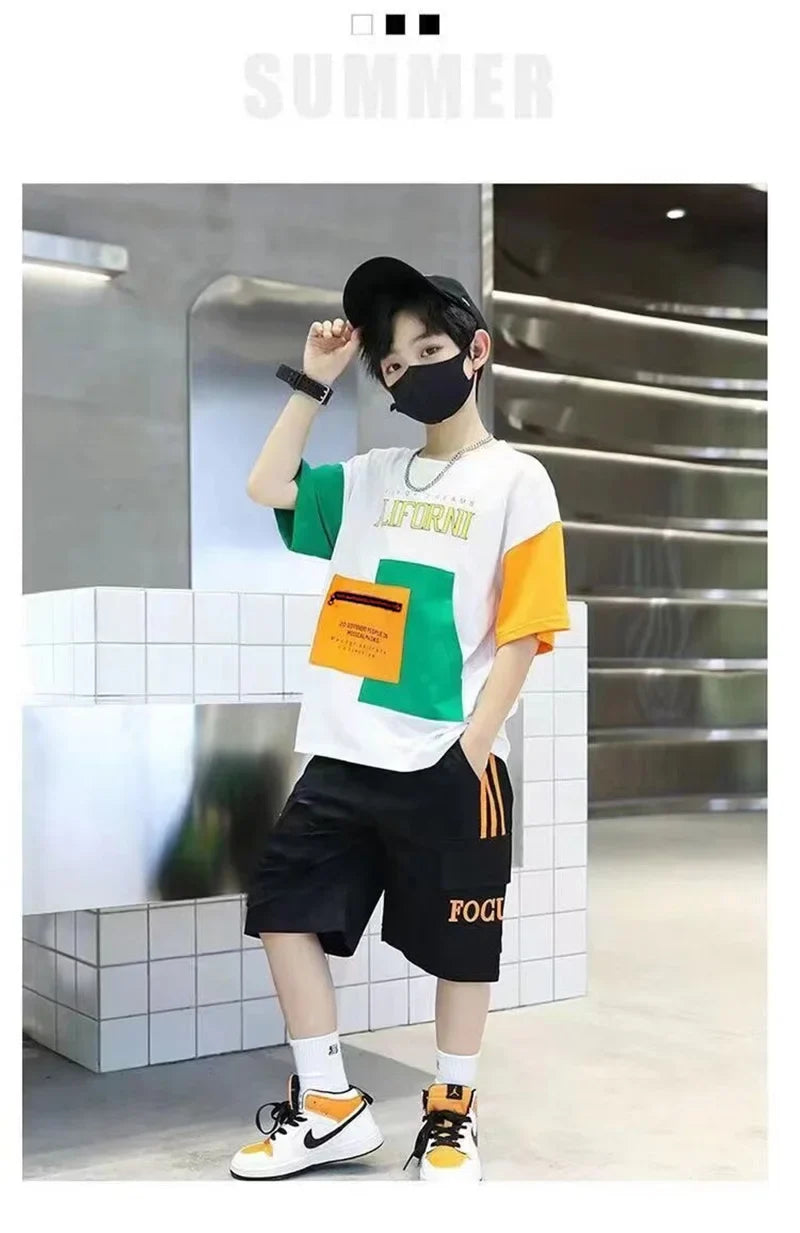 Summer Boys Clothes Sets Teenager Casual Outfits Kids Print T-shirt +Shorts 2Pcs Children Short Sleeve Tracksuit Suits 5-12 Year