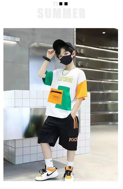 Summer Boys Clothes Sets Teenager Casual Outfits Kids Print T-shirt +Shorts 2Pcs Children Short Sleeve Tracksuit Suits 5-12 Year
