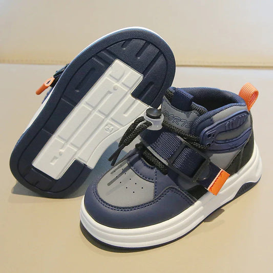 Comfy Kids Boys and Girls Navy Blue and Gray Color-Blocked High-Top Sneakers, Breathable Mesh Surface with Rotating Buckle and Velcro, Wear-Resistant, Grip-Enhancing, Lightweight Children's Shoes, Suitable for Spring and Autu