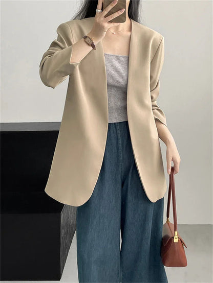 Fashion New Solid Casual Joker Women's Blazer Spring Autumn No Placket Cardigan Suit Jackets V-neck Long Sleeve 19-Color Coats