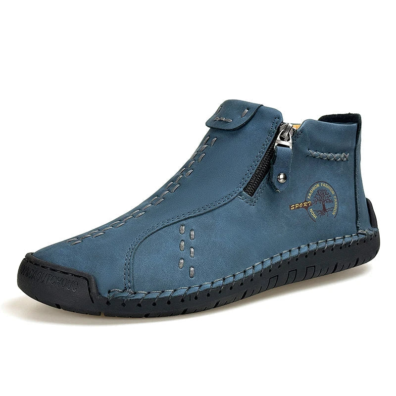 Classic Handmade Leather Men Shoes Zipper Design Outdoor Sneakers Slip On Breathable Casual Shoes Leather Men Ankle Boots