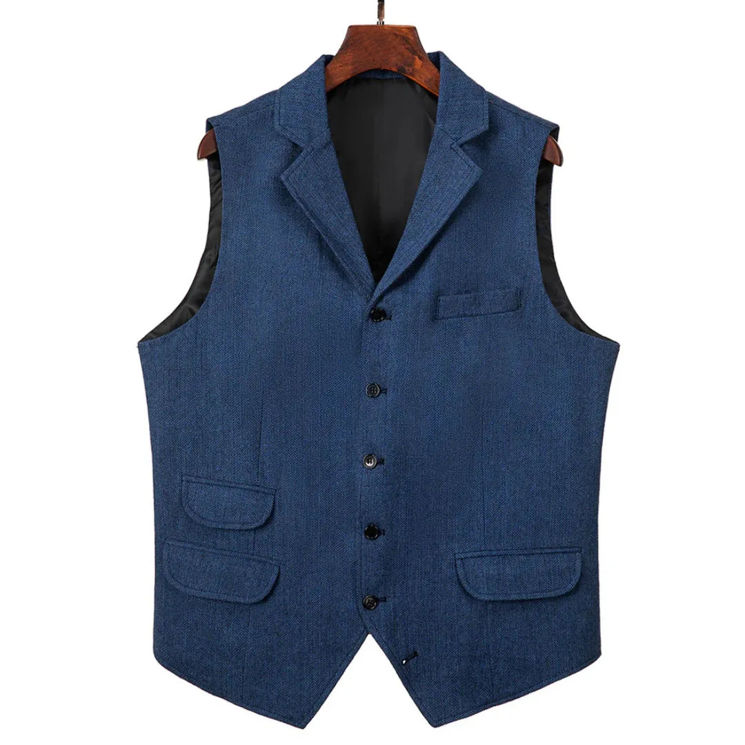 Men Vest Blue Herringbone Single Button With Lapel Waistcoat For Wedding Birthday Banquet Party Business Work Men Suit Vest